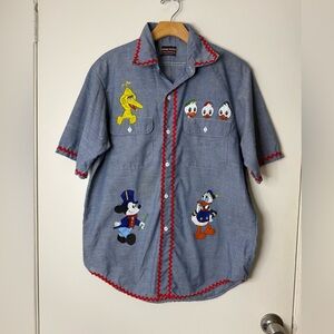 Amazing vintage chambray hand-painted Disney, Sesame Street, Rick rack shirt L